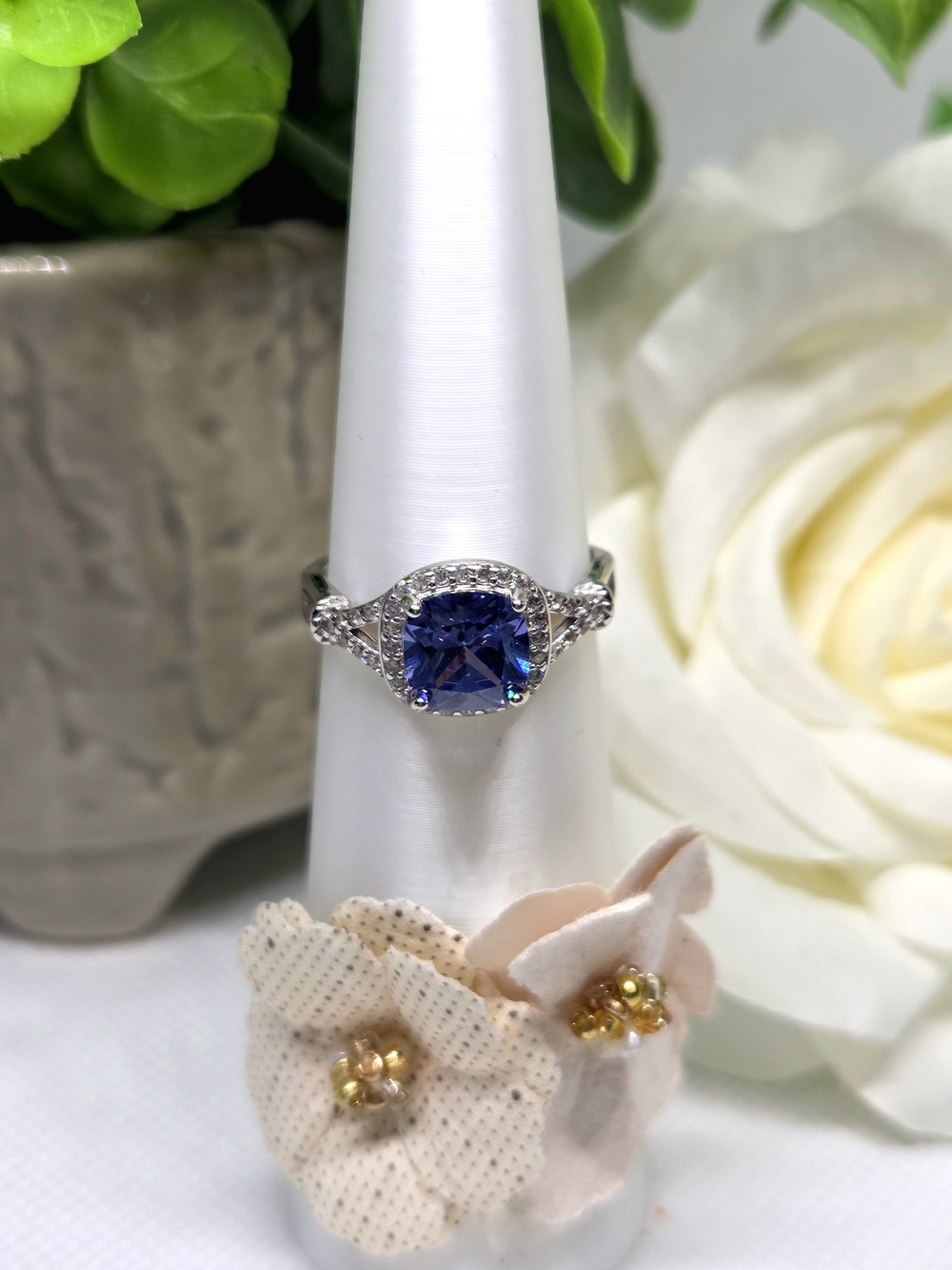 Silver Women’s Ring with Brilliant Blue Cushion-Cut Stone